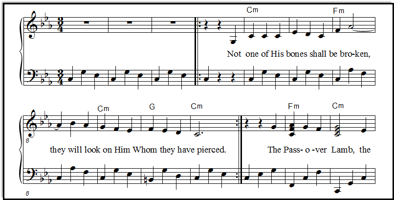 A closeup look at the sheet music "Not One of His Bones Will Be Broken", for piano and voice