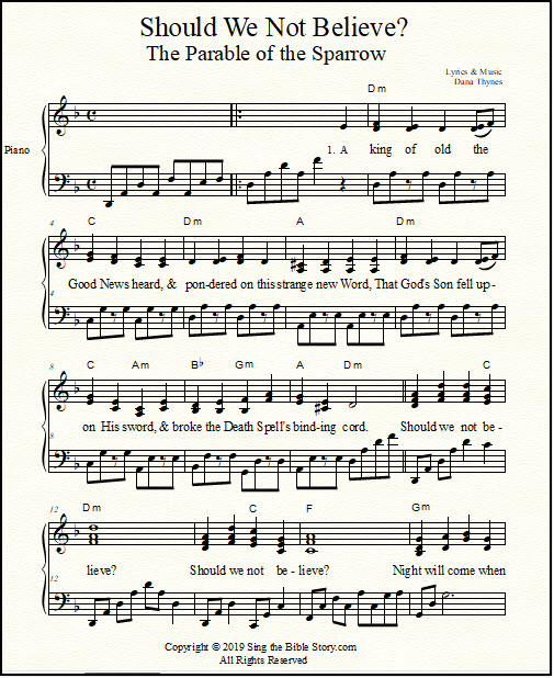 A story from Anglo-Saxon times about spreading the good news of salvation, set to music.  A king, his nobles, and a sparrow all enter into the story