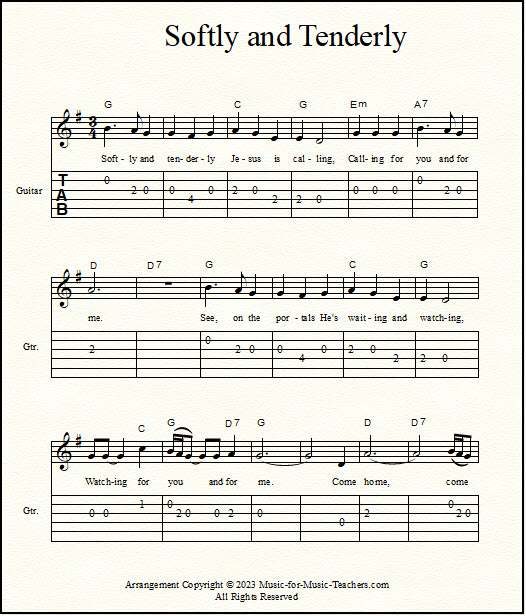Guitar tabs for Softly & Tenderly hymn