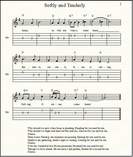 Softly and Tenderly hymn guitar tabs
