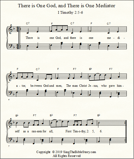 Sunday school song: the Bible verse 1 Timothy 2:5 & 6, for piano and voice, with chords.