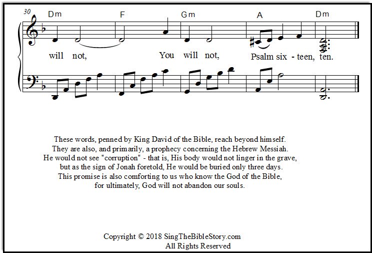 Closeup of sheet music for Psalm 16:10 song, "You Will Not Abandon My Soul Unto Sheol"