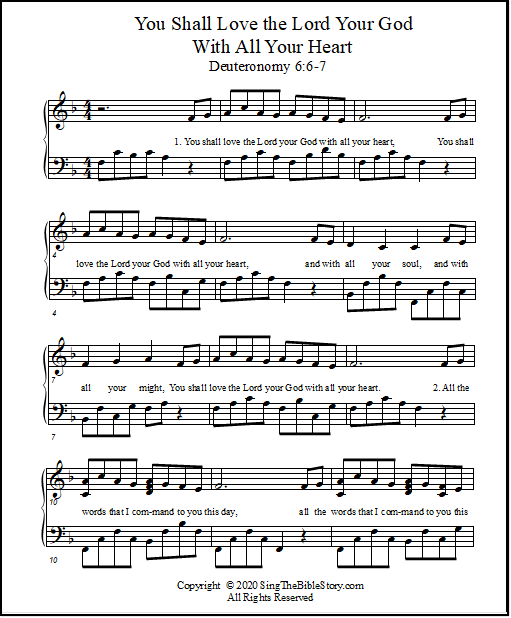 A Bible verse set to music: "You shall love the Lord your God with all your heart," with piano sheet music