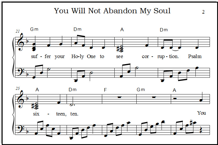 Closeup of sheet music for Psalm 16:10 song, "You Will Not Abandon My Soul Unto Sheol"