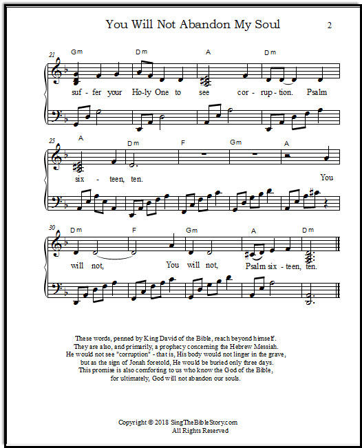 Page two of the song "You Will Not Abandon My Soul" to Sheol.  This song uses Psalm 16:10 as the text, and is a song of hope and comfort.  At SingTheBibleStory.com